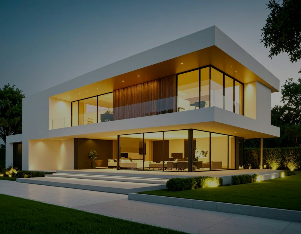 Casa moderna iluminada al anochecer