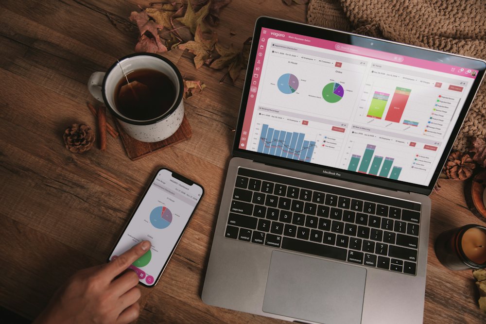 Laptop and phone showing a business's sales charts